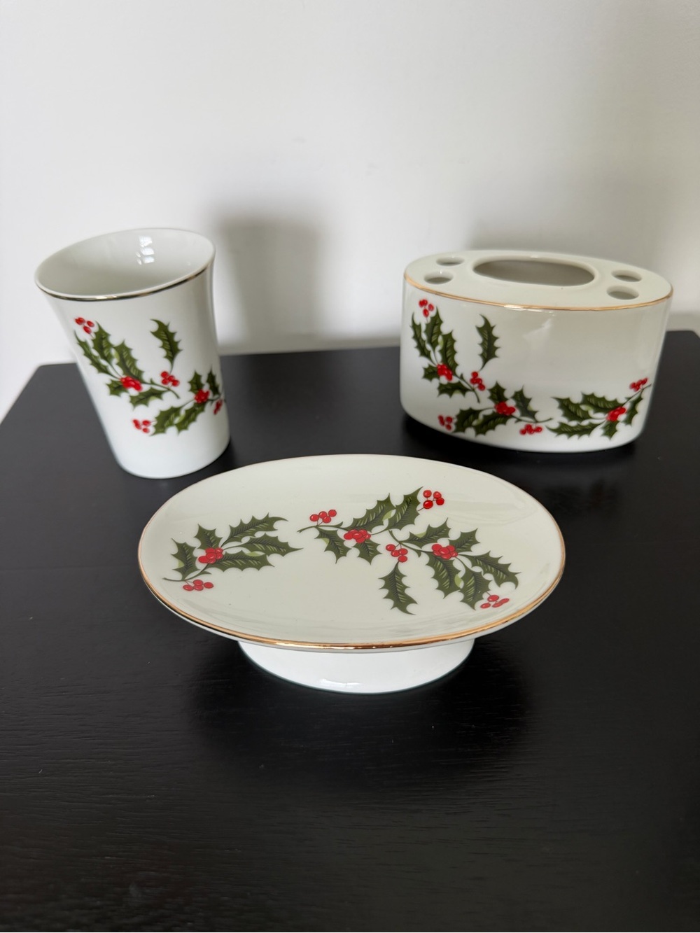 Vintage Holiday Holly Porcelain Pedestal Dish and Accessories